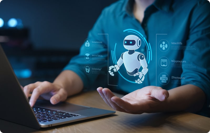 Happy customer interacting with an AI-assisted support system